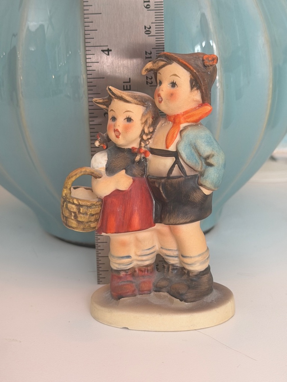 Hummel Boy and Girl Figurine in Blue, Red, Brown